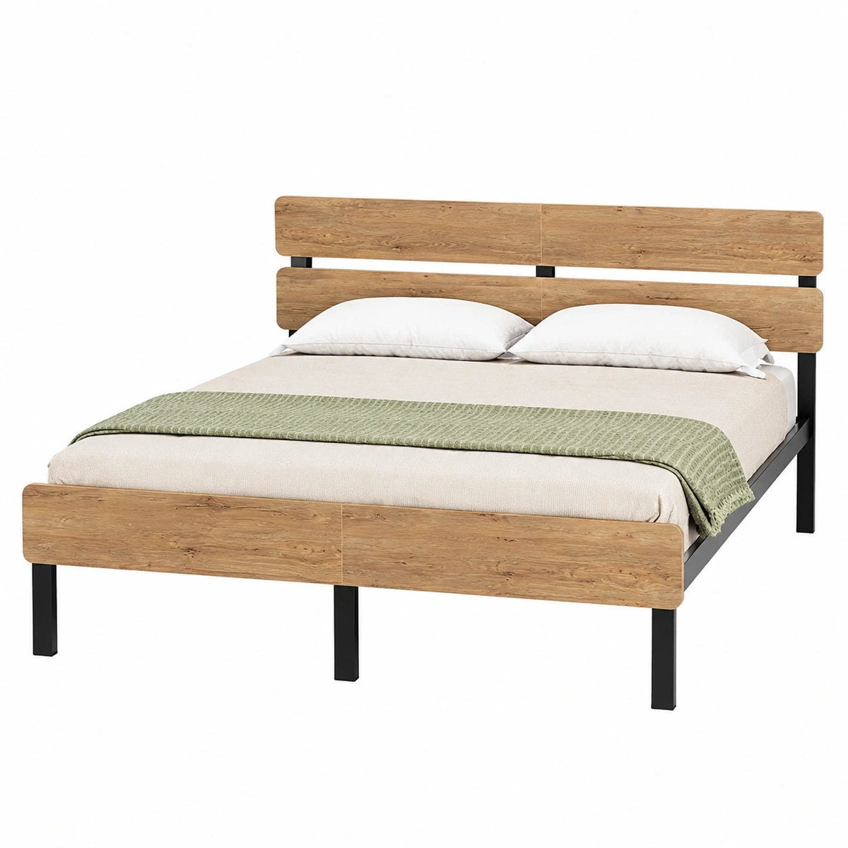 Lit, 2 places, avec rangement, avec éclairage LED, avec prise intégrée, en métal, coloris marron et naturel, pour la chambre