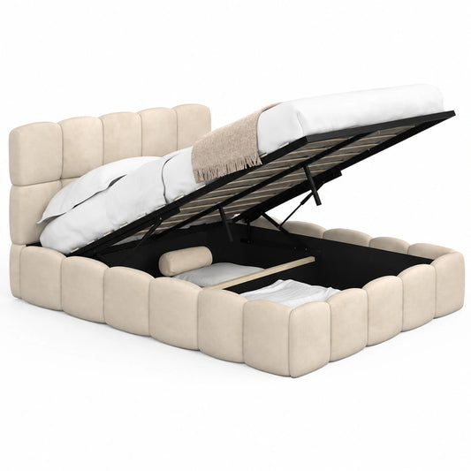 Lit coffre, avec sommier, en velours, 140 x 190 cm, coloris beige, pour la chambre