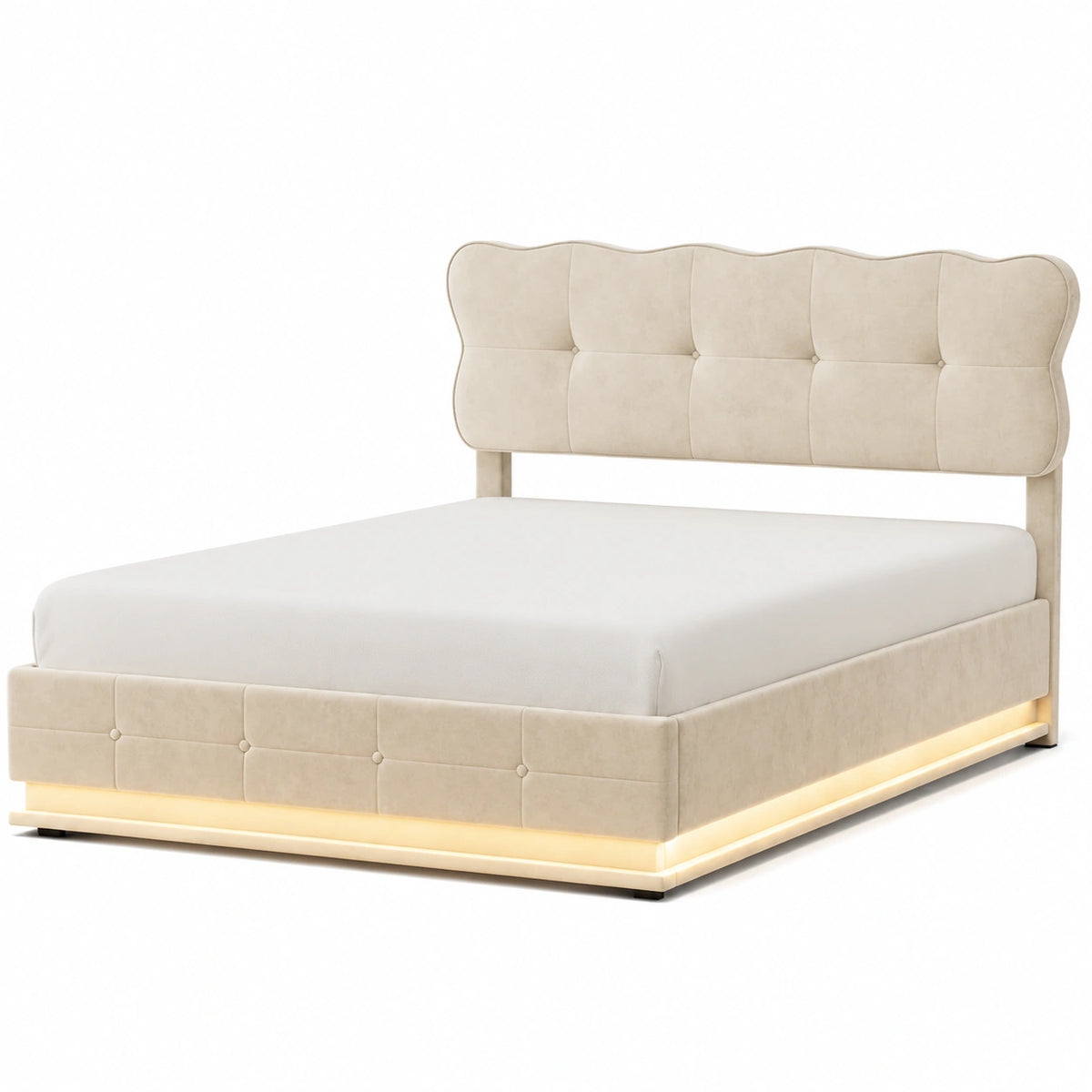 Lit coffre, en velours, avec rangement, avec éclairage LED, avec sommier, coloris beige, 140 x 190 cm, pour la chambre