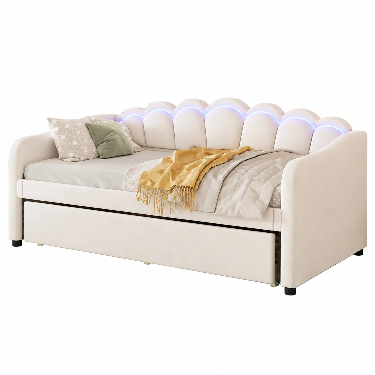 Canapé convertible, avec sommier, rembourré, coloris beige, 90 x 200 cm, pour le salon ou la chambre d’amis