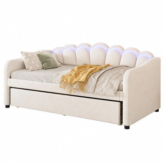 Canapé convertible, avec sommier, rembourré, coloris beige, 90 x 200 cm, pour le salon ou la chambre d’amis