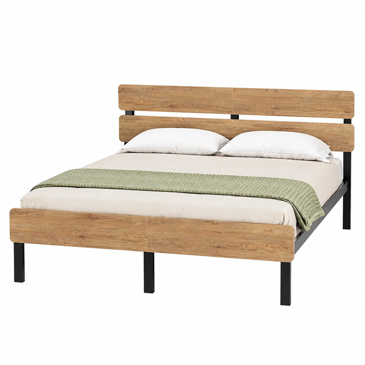 Lit, 2 places, avec rangement, avec éclairage LED, avec prise intégrée, en métal, coloris marron et naturel, pour la chambre