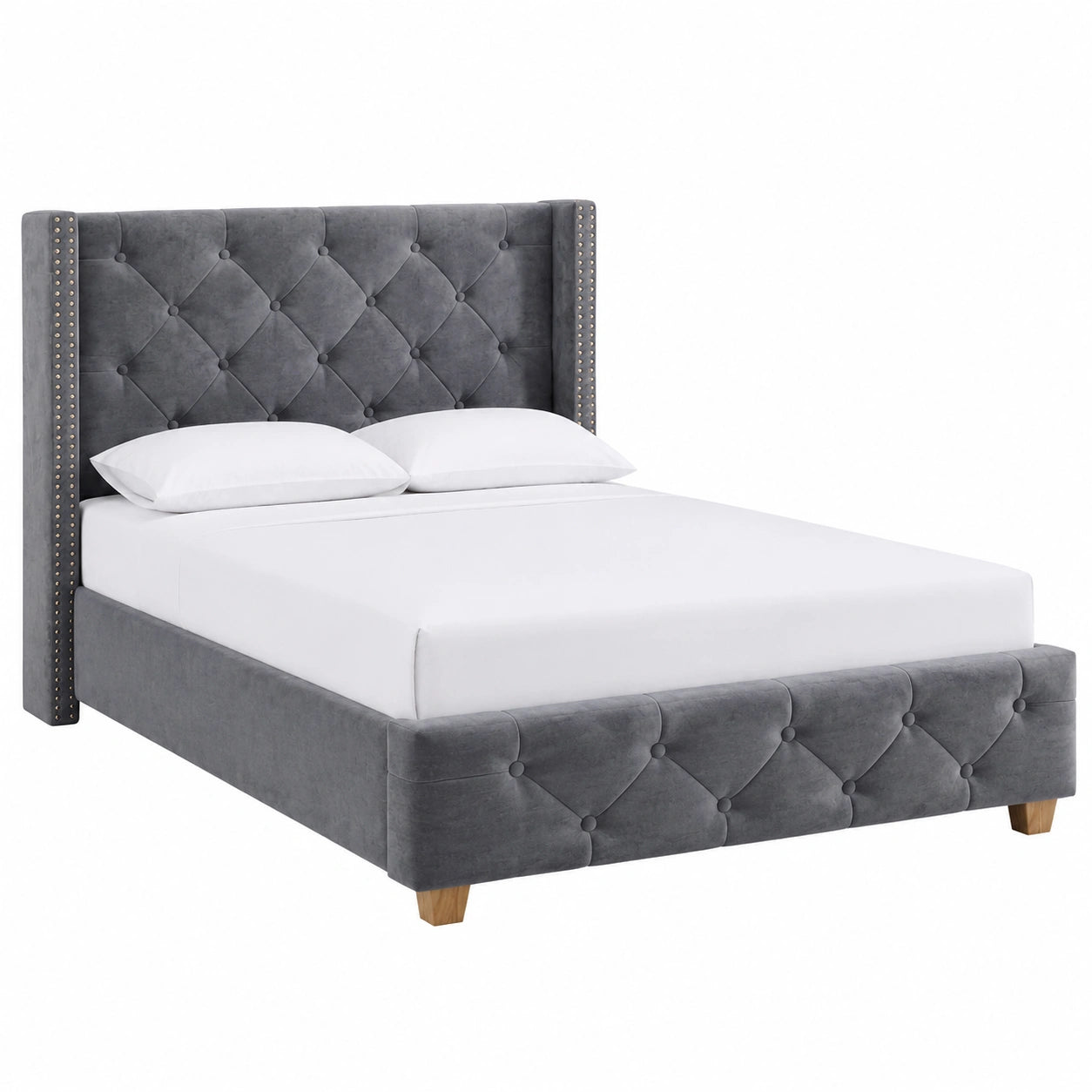 Lit, avec sommier, en velours et tissu, 1 place, coloris gris, pour la chambre