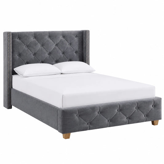 Lit, avec sommier, en velours et tissu, 1 place, coloris gris, pour la chambre