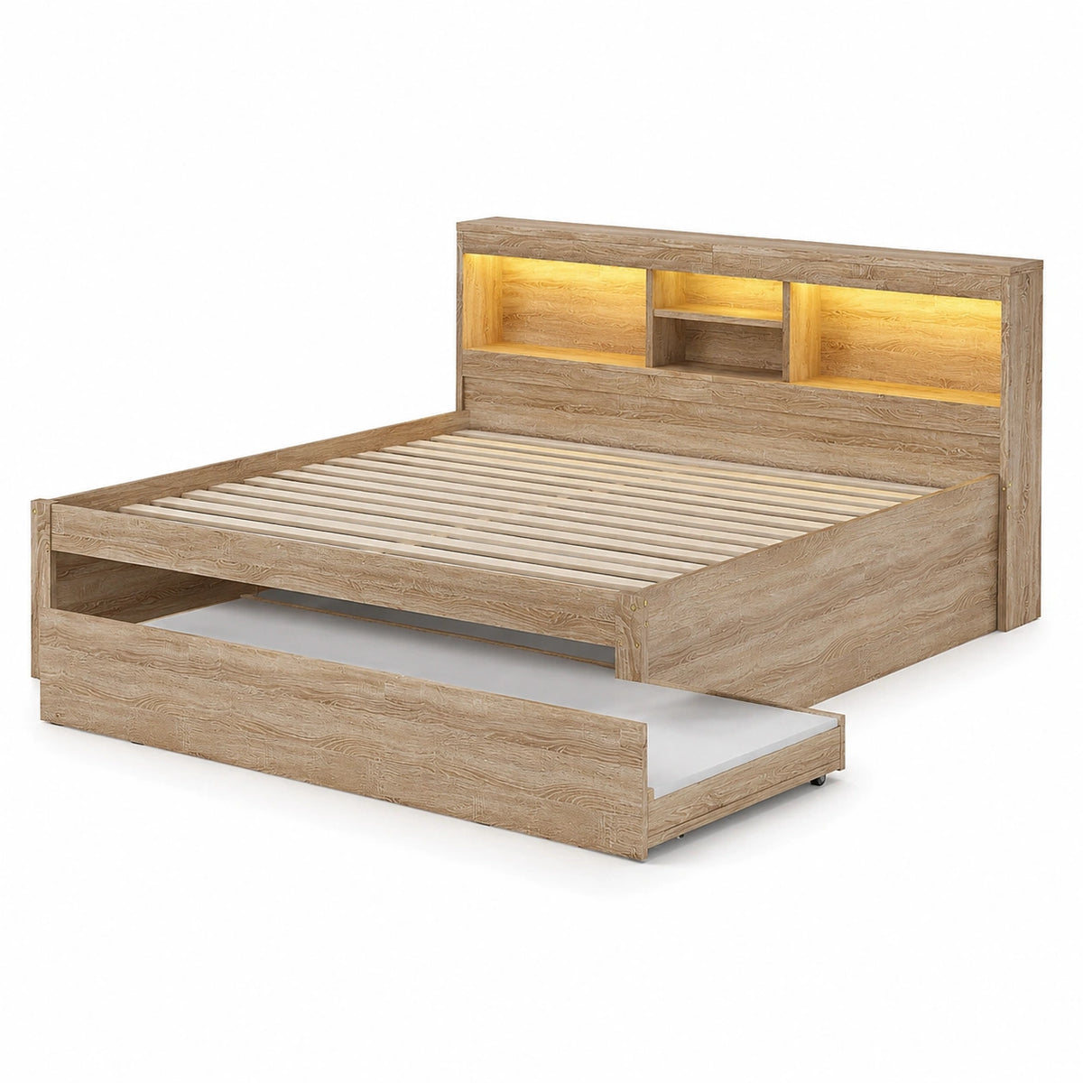 Canapé convertible, avec rangement, avec éclairage LED, 90 x 200 cm, coloris naturel, pour le salon ou la chambre d’amis