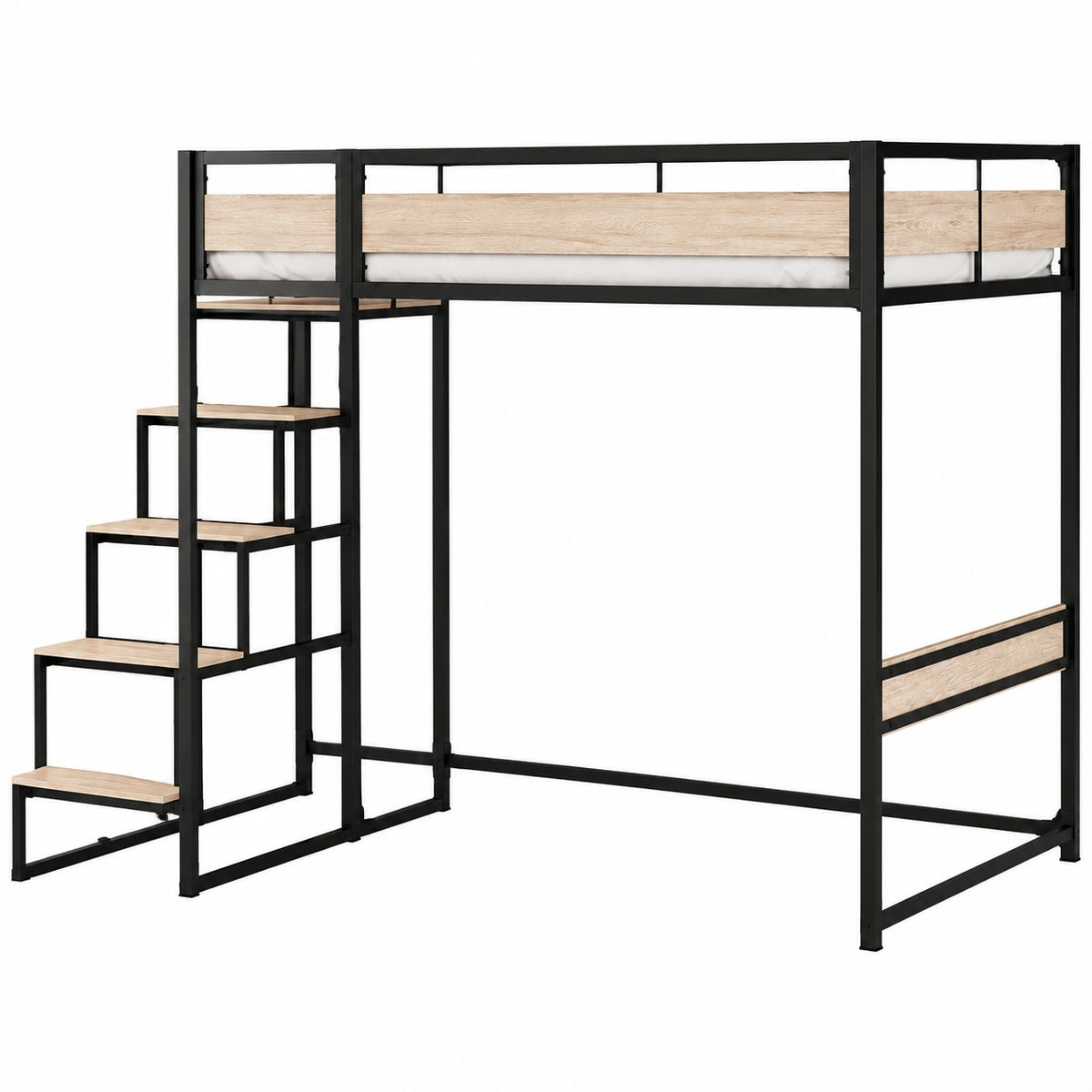 Lit gain de place, en chêne et métal, avec sommier, coloris noir, 140 x 190 cm, pour la chambre