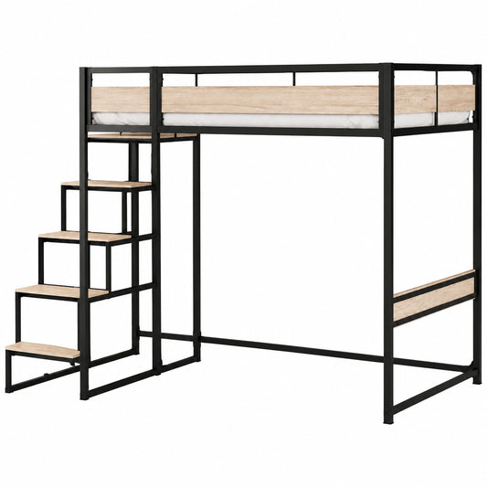 Lit gain de place, en chêne et métal, avec sommier, coloris noir, 140 x 190 cm, pour la chambre