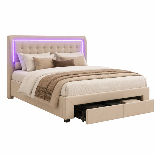 Lit coffre, avec rangement, avec tiroirs, avec éclairage LED, en velours, 2 places, 140 x 190 cm, pour la chambre