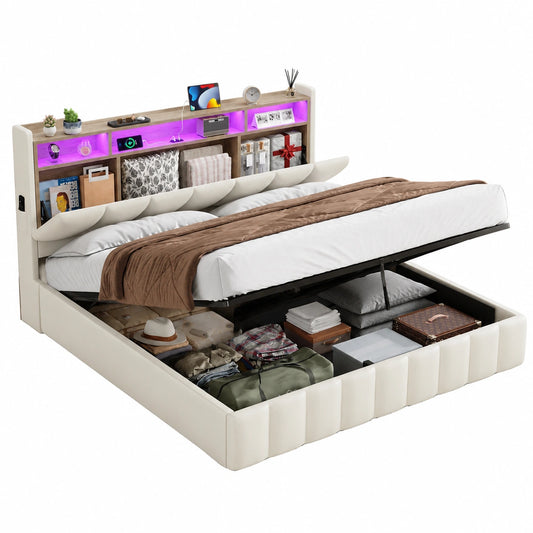 Lit coffre, avec rangement, avec étagères, avec sommier, 2 places, coloris blanc, pour la chambre