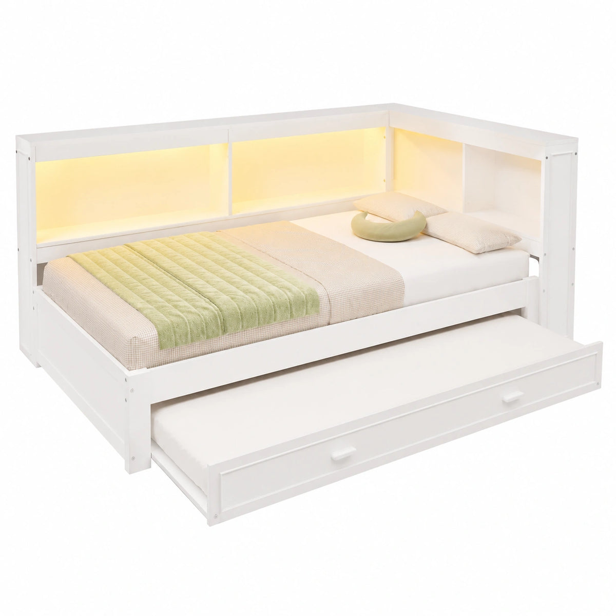 Canapé convertible, avec rangement, avec éclairage LED, 90 x 200 cm, coloris blanc, pour le salon ou la chambre d’amis