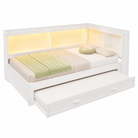 Canapé convertible, avec rangement, avec éclairage LED, 90 x 200 cm, coloris blanc, pour le salon ou la chambre d’amis