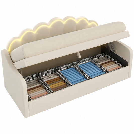Canapé convertible, avec rangement, avec éclairage LED, avec sommier, en velours, 1 place, 90 x 200 cm, coloris beige